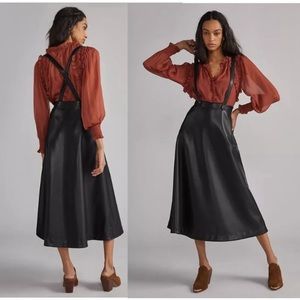 NWT Anthropologie Black Pinafore Faux vegan Leather Midi Skirt suspenders sz 6